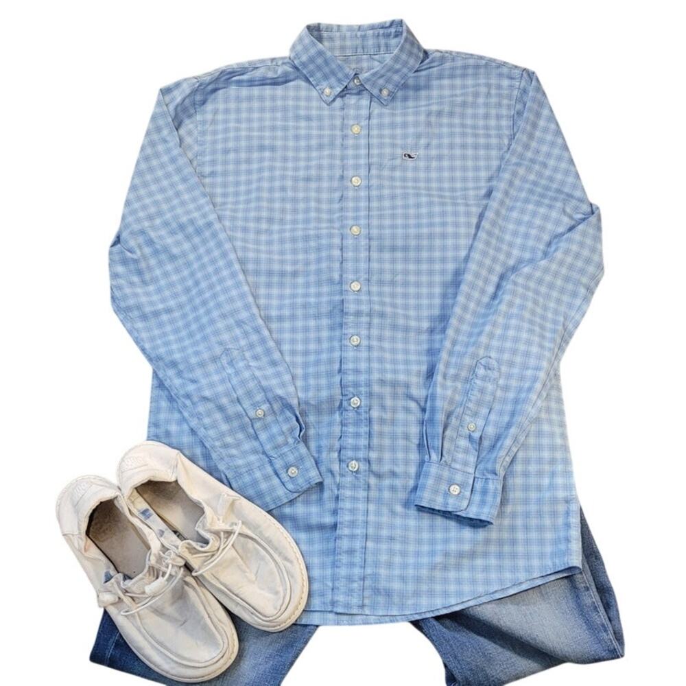 Vineyard Vines Boys XL Whale Gingham Shirt Blue White UPF